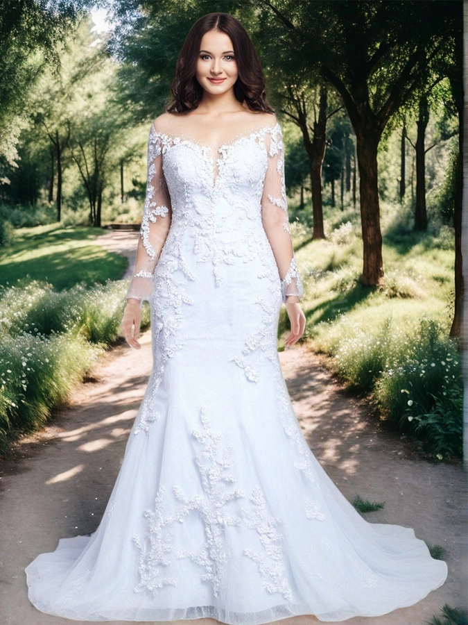 RSW2335 manches longues pour femmes au large des épaules en dentelle de mariage robes nues robes de mariée sirène blanche pour la mariée avec train de balayage 1