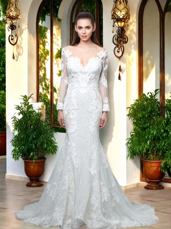 RSW2256 Gardon Denizkızı Gelinlik Omuzdan Uzun Kollu Dantel Gelin Gown 1