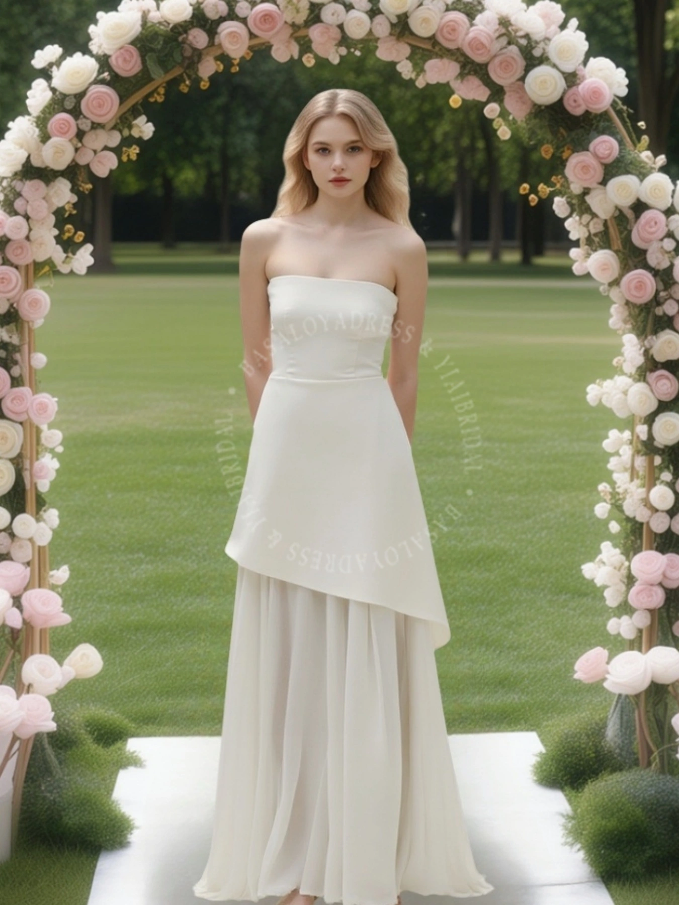WD00009 Strapless Pleated Maxi Gown White Simple Wedding Dress with Bevel Cut 1