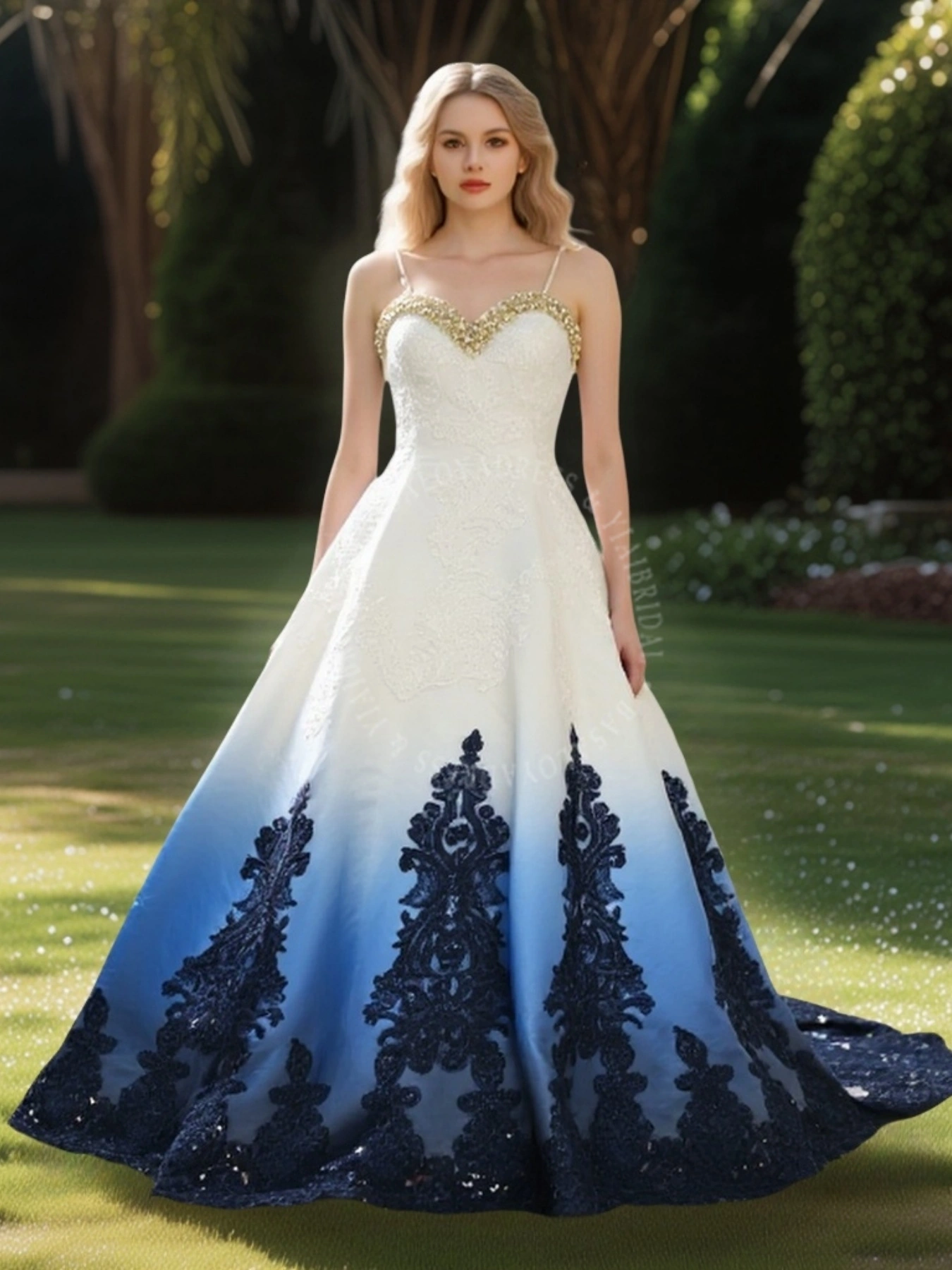 WD00007 Colorful Blue and White Gradient Sexy A-line Wedding Ball Gown 1