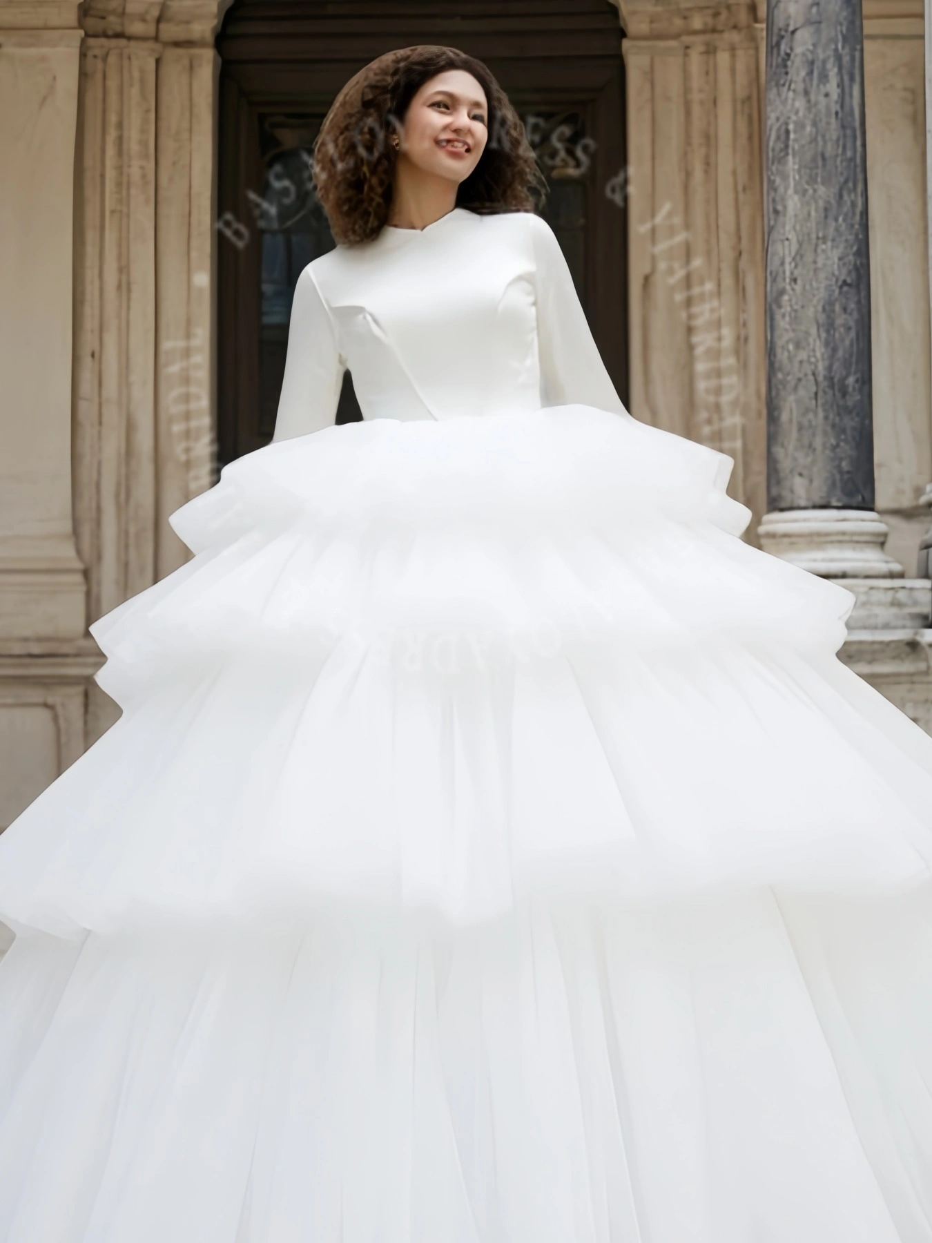 WD00016  Fairy Tulle Satin Stitching Custom Wedding Ball Gown 2025 Elegant Satin Long Sleeve Ruched Tu 1