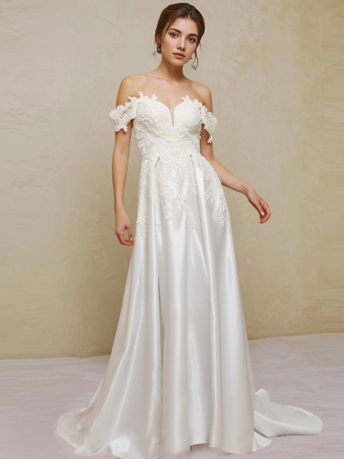 RSW1889 Off The Shoulders A Line Wedding Dress With High Slit Skirt And Pocket 1
