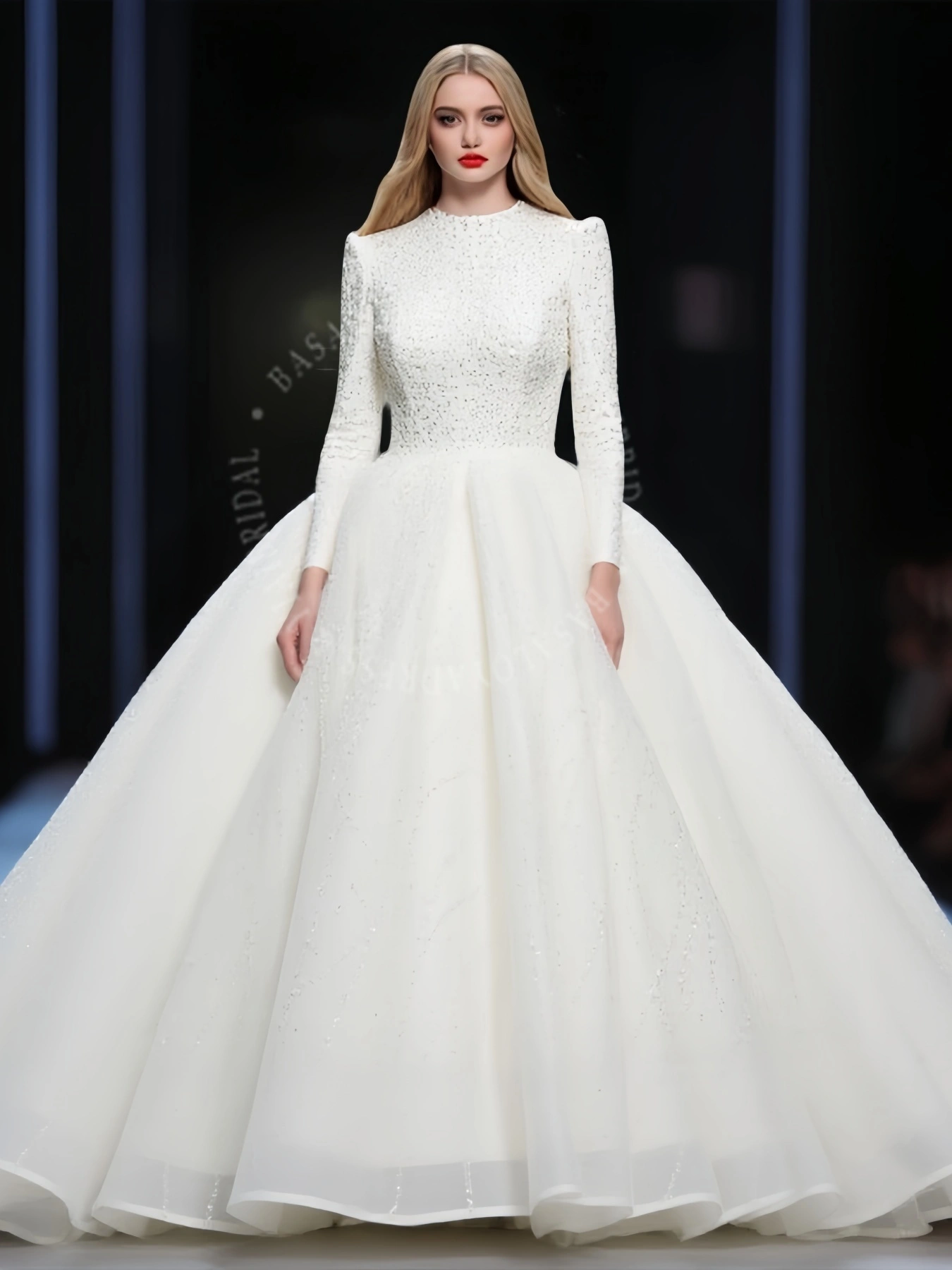 WD00015 Muslim Customized Luxury Sequin Pearl Long Sleeve Ball Gown Modest Wedding Dress 1