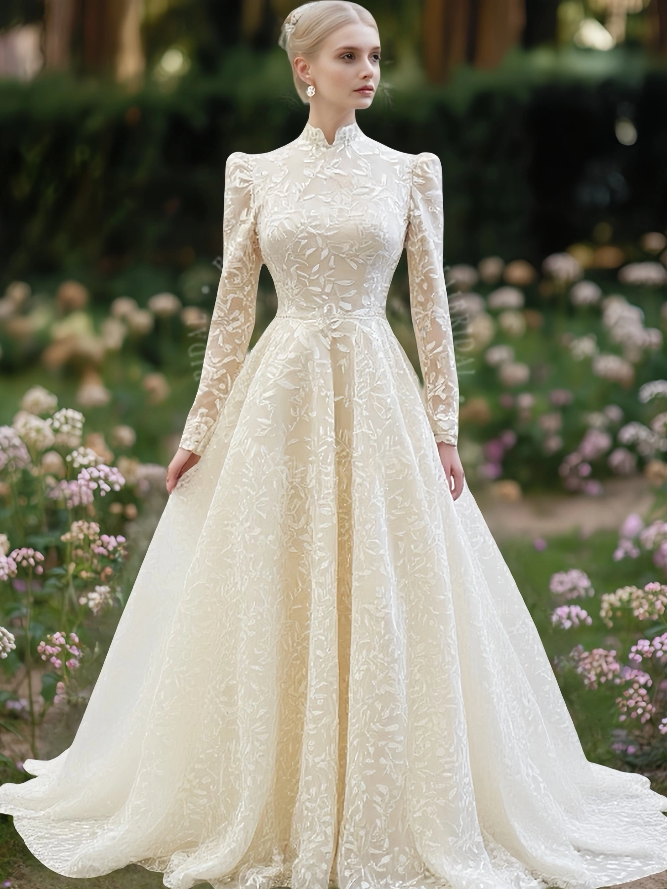 WD00018 Custom A-line Lace Applique Long Sleeve Muslim High Neck Champagne Color Bridal Dress Wedding Dress Evening Dress 1