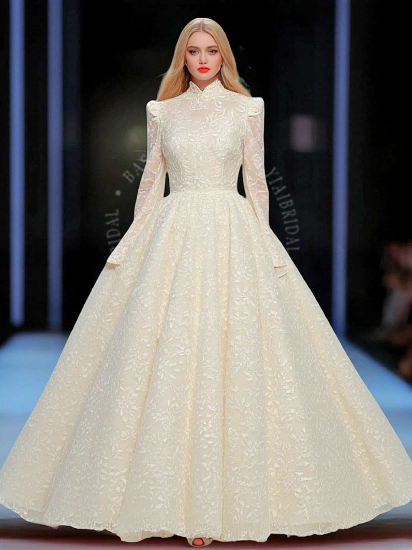 WD00019 Custom Lace Applique Long Sleeve Muslim Wedding Ball Gown High Neck Champagne Color Bridal Dress Wedding Evening Dress 1