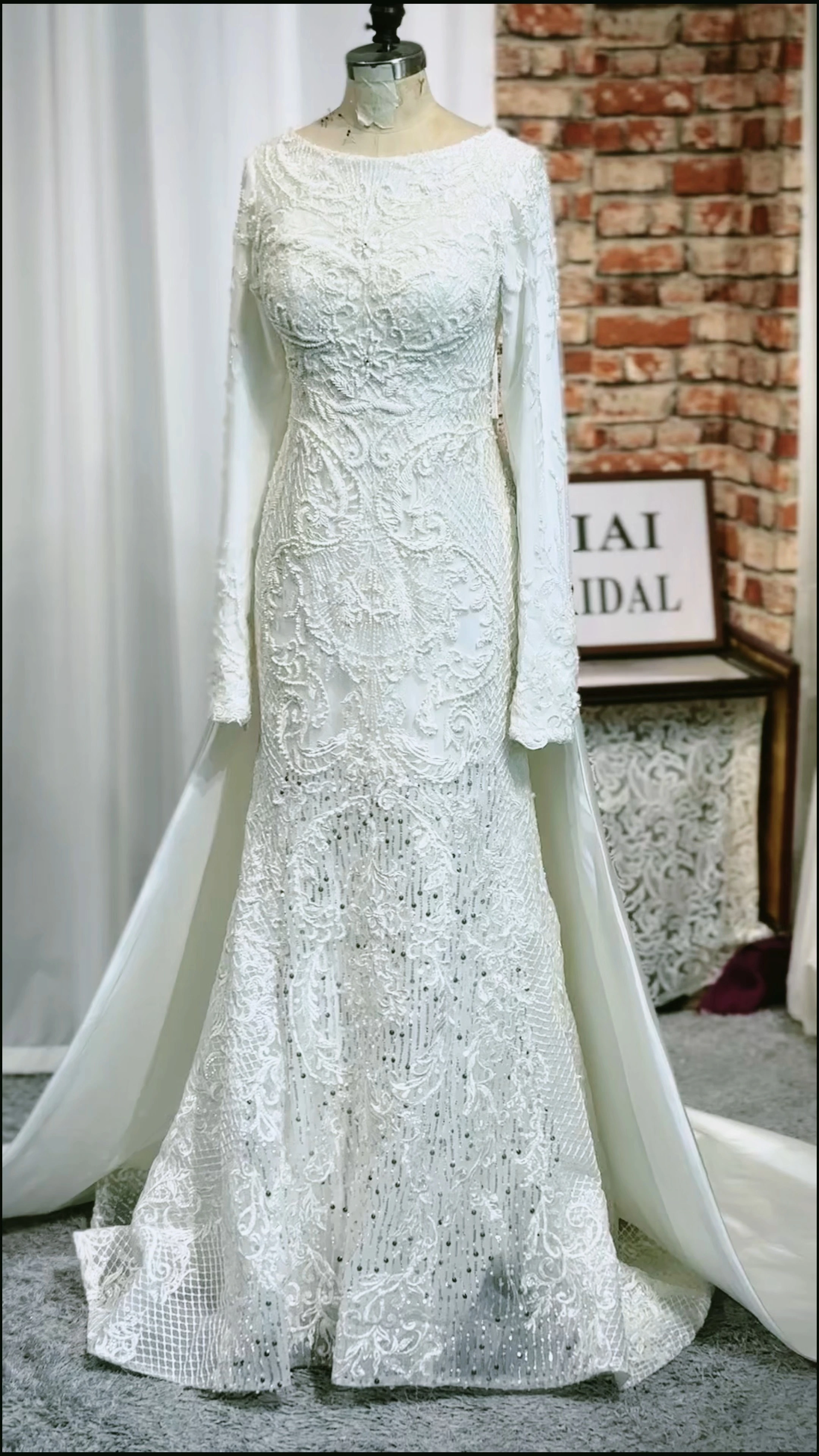 RSW2257 Couture Church Modest Wedding Dress Lace With Long Sleeves And Detachable Train 1