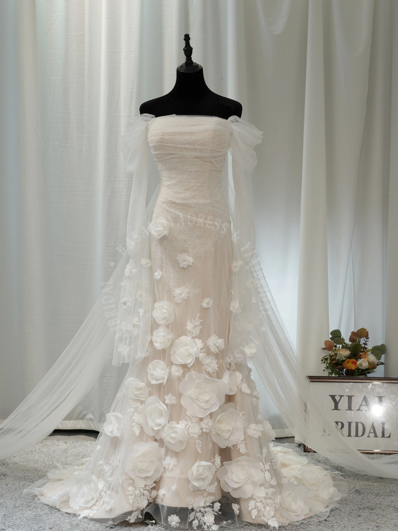 WD00011 Elegant 3D Floral Off-the-shoulder Pink Mermaid Wedding Dress with Tulle Puff Sleeve and cape 1