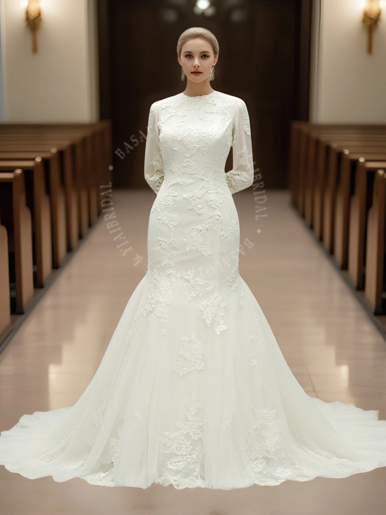 WD00020 Elegant Lace Long Sleeves Mermaid Modest Wedding Dress / Bridal Gown with Lace Veil 1