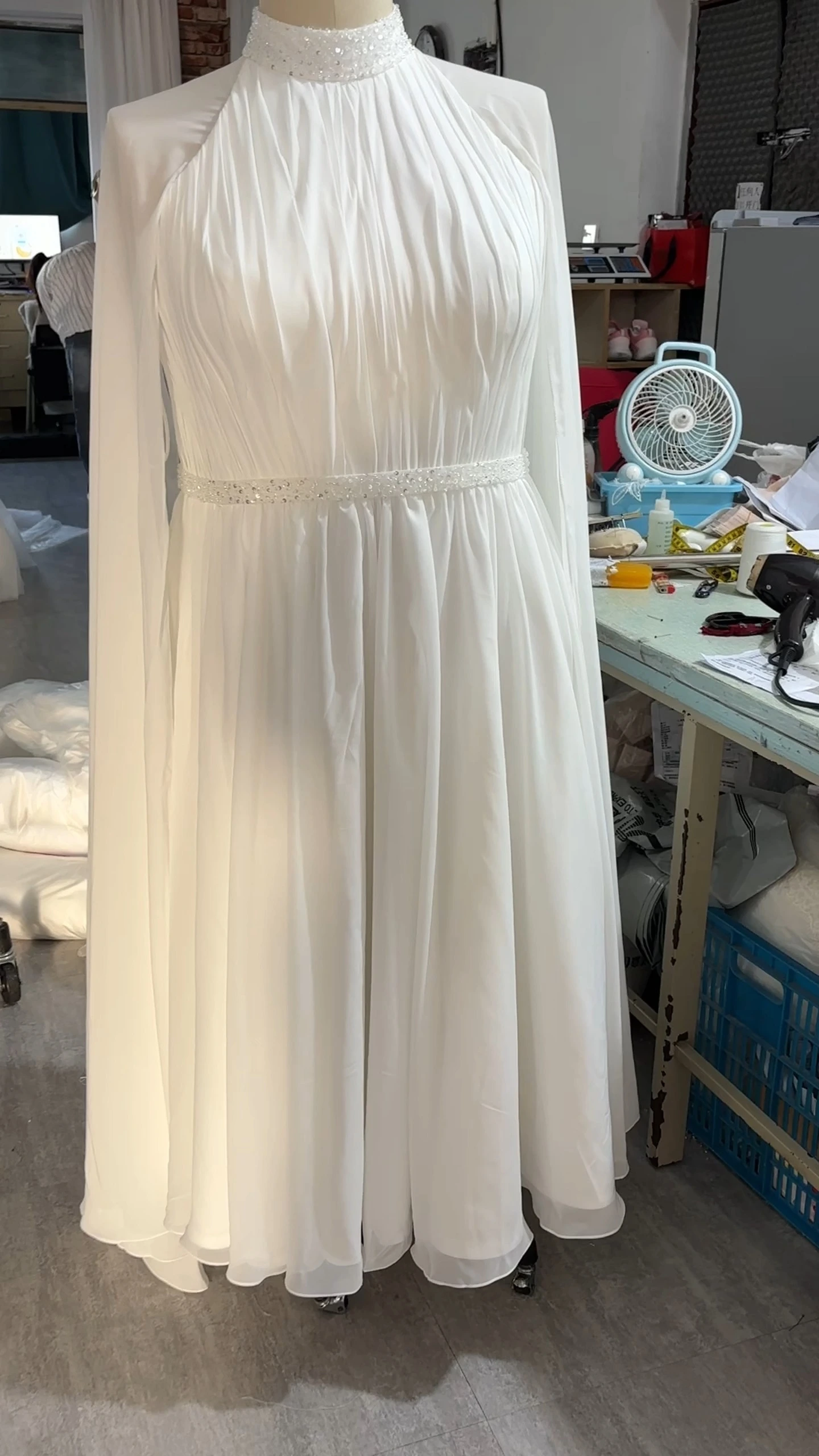 RSW2244 A-line Chiffon Wedding Dress With Cape Sleeves High Neck Bridal Gown 1