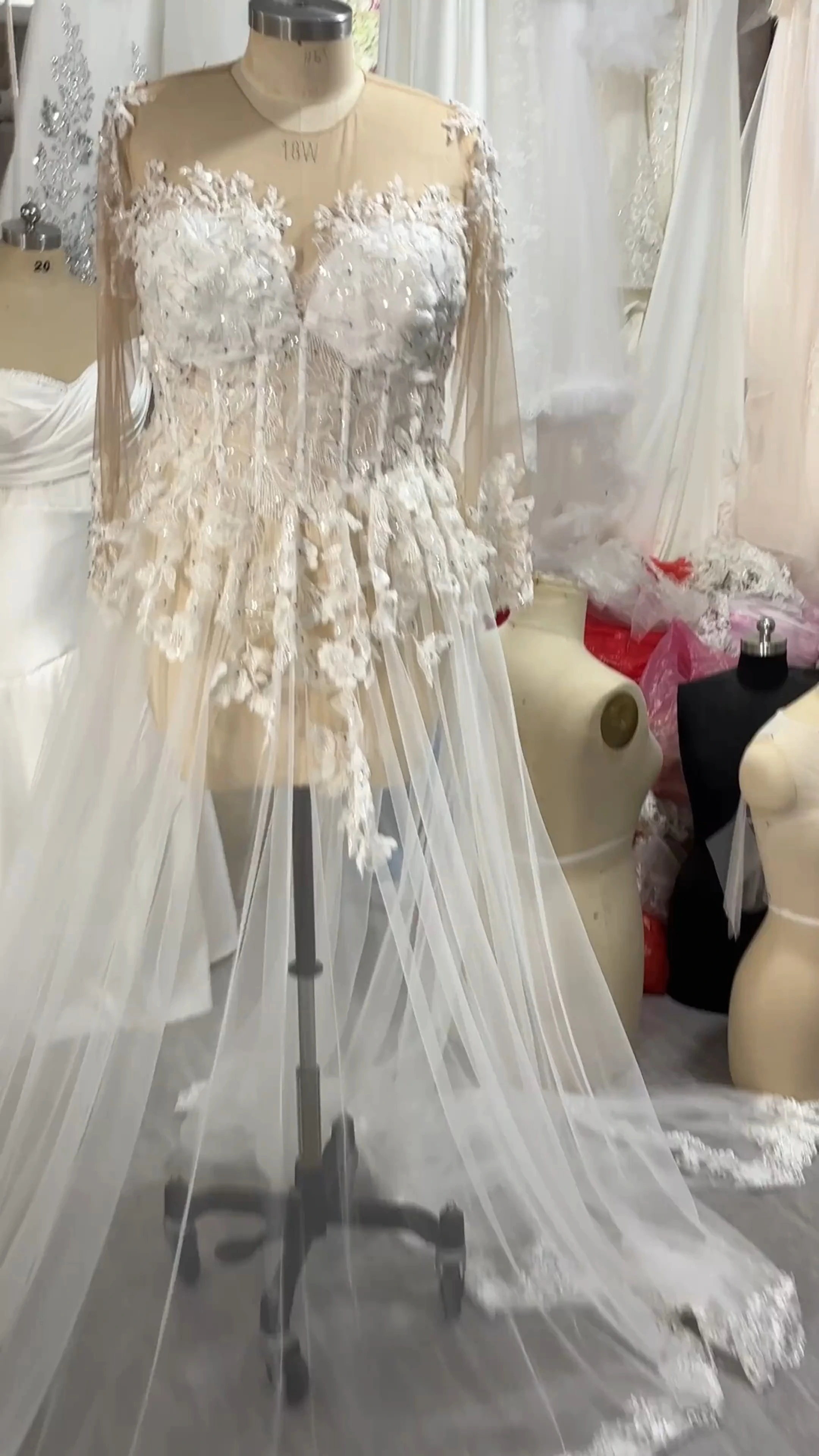 RSW2247 Puffy Tulle Big Size Custom Ballgown Wedding Dresses With Illusion Long Sleeves 1