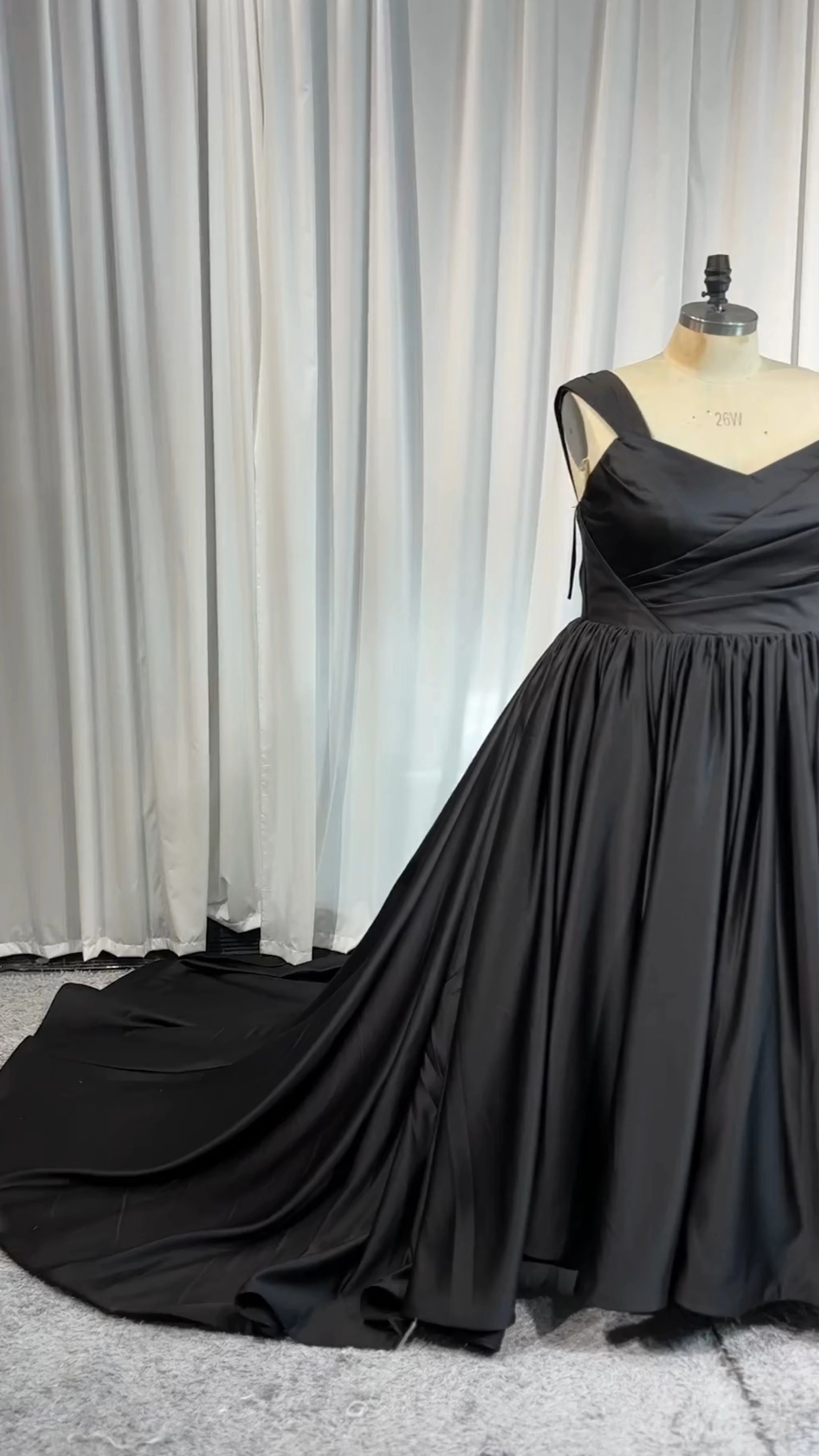 RSW2326 Plus Size Black Satin Wedding Dress With Slit And White Ruffles Under Skirt 1