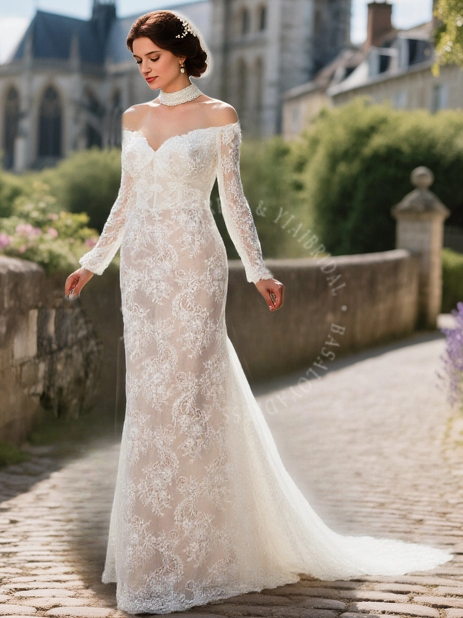 RSW2230 Off Shoulder Long Sleeves Wedding Dress French Lace Illusion Back Flawless Fit with Soft Lace and Couture Silhouette Abito da sposa in pizzo 1