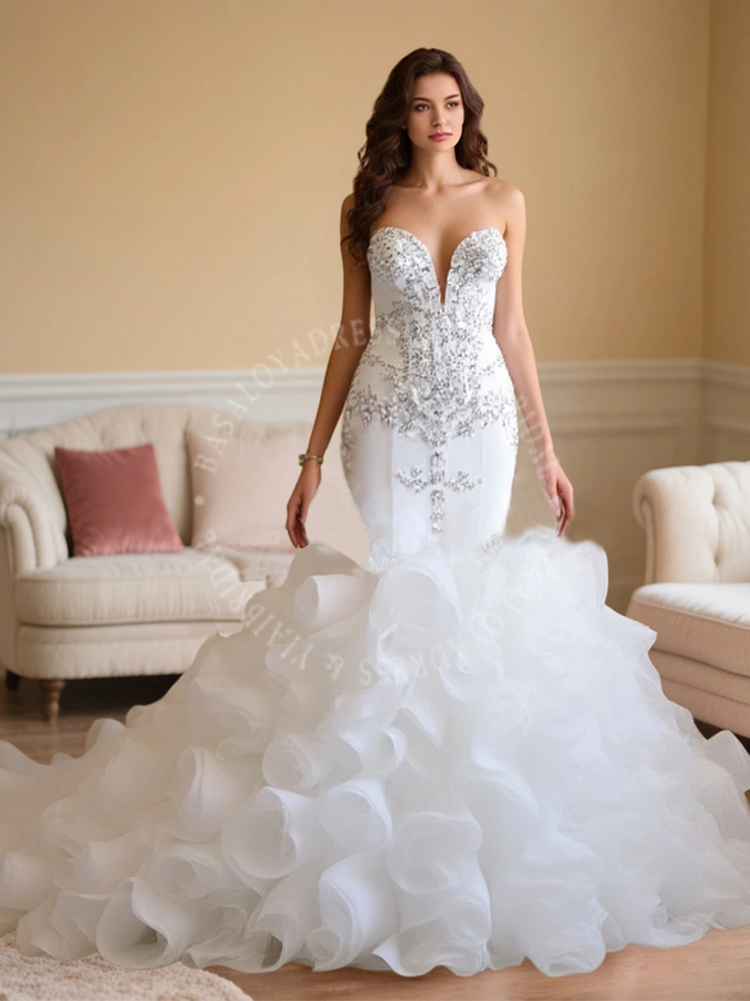 RSW1894 Luxuskristalle Meerjungfrau Brautkleider Boned Korsett teure Brautkleid Robe de Mariage Organza Rüschen Rock Brautkleid 1