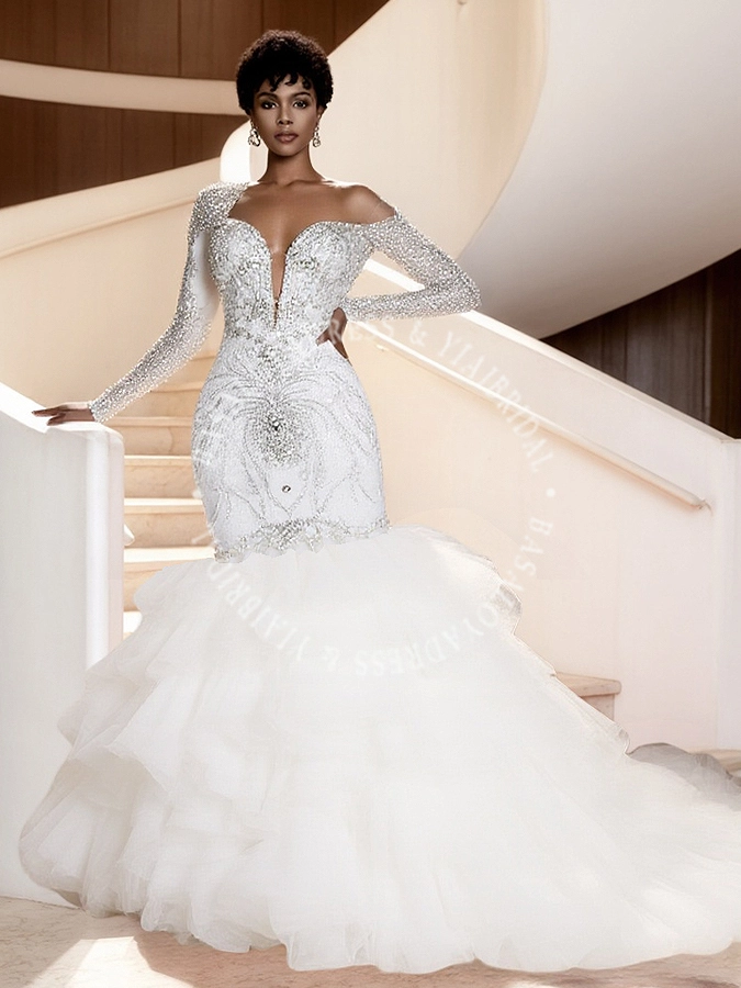 RSW1868 Luxury Heavy Crystal Beading Long Sleeves One Shoulder Mermaid Wedding Dress With Puffy Tulle Ruffle Skirt 1