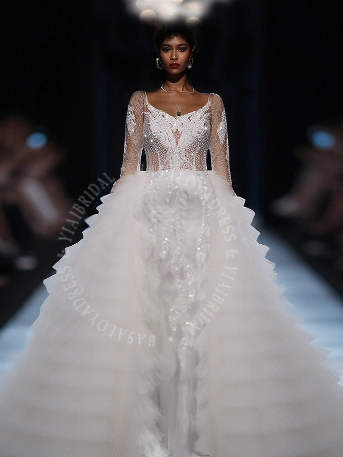 RSW1910 Puffy Ruffle Skirt Detachable Train Wedding Dresses Long Sleeves Luxury Beading Bridal Gown 1