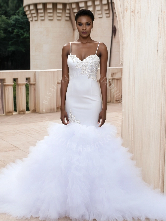 RSW1805 Sweetheart Neckline Cathedral Train Fluffy Tulle Skirt Ruffles Spaghetti Straps White Mermaid Wedding Gown 1