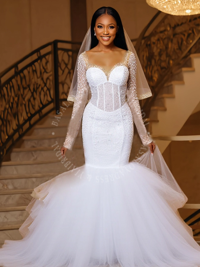 RSW1855 Großhandel weiße Meerjungfrau Hochzeitskleid geschwollene Tüllrock-Fabrik Custom gemachtes zartes Perlenkleid mit langerärmeln 1