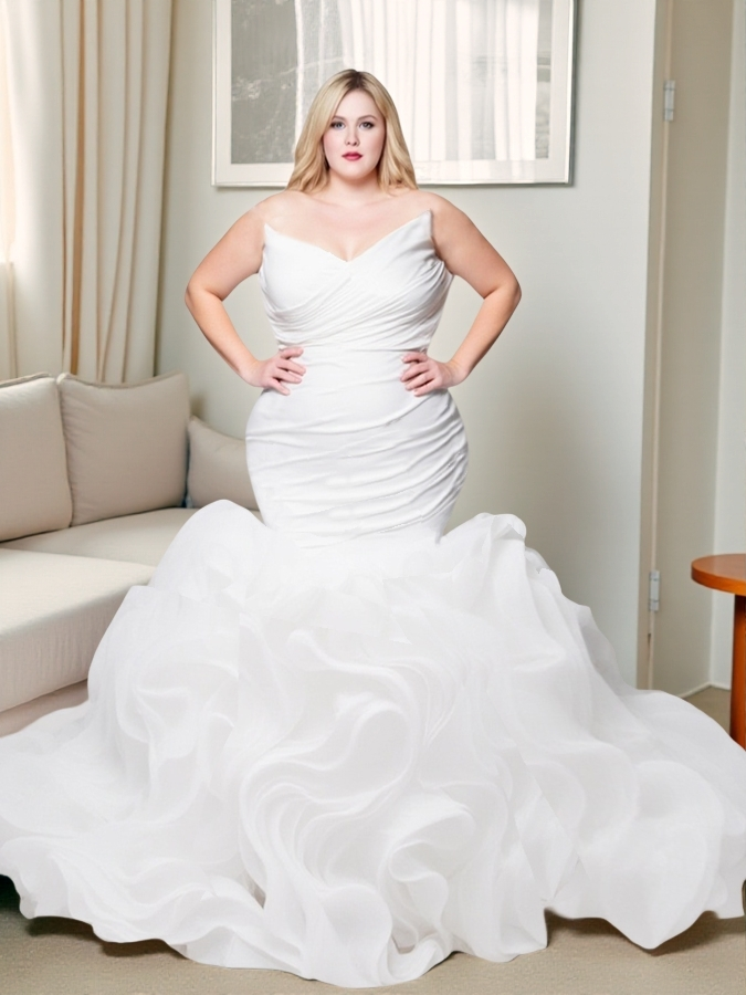 RSW1807 Sleeveless Sweetheart Pleated Body Ruffle Organza Wedding Dress Mermaid Bridal Gown For Big Size Women 1