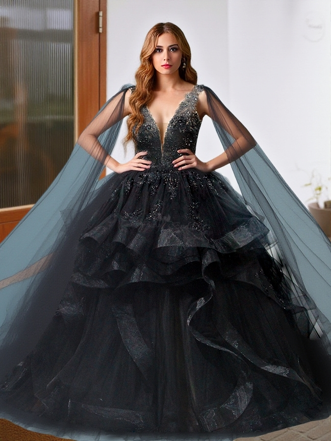 RSW1842 Stunning Plus Size Wedding Dress Black V Neck Straps For Beautiful Brides Curves Women's Sexy Bridal Gown With Cape 1