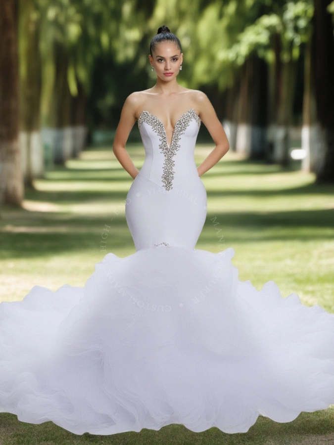 RSW1674 Mermaid Wedding Dress White Strapless Strech Satin Body Crystal Beading Organza Ruffle Bottom Gown Wedding Dresses 1