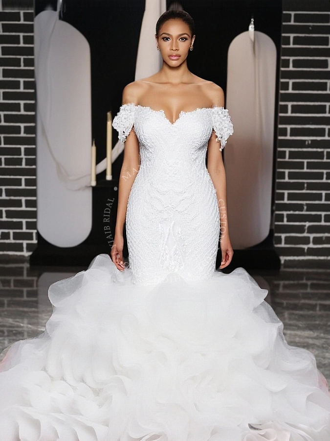 RSW1832 Sweetheart Off The Shoulder Organza Ruffle Skirt Plus Size Mermaid Wedding Dress For Big Women 1