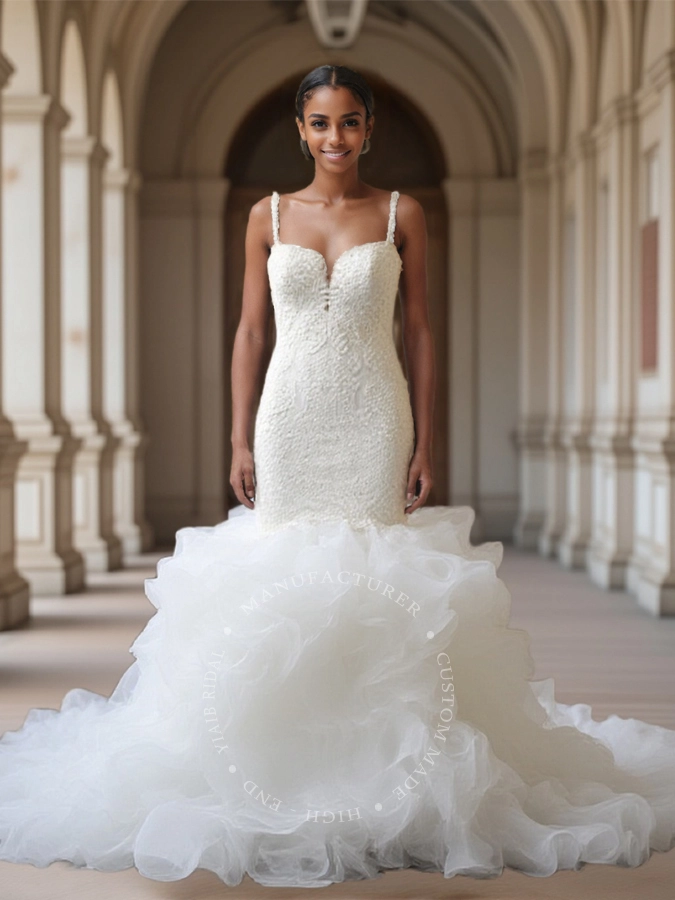 RSW2026 Custom Sexy Mermaid Wedding Dress With Spaghetti Straps Layered Organza Skirt 1