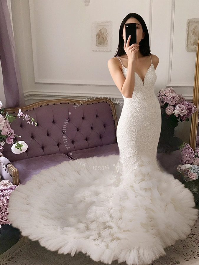 RSW1982 Yiaibridal Gorgeous Mermaid Wedding Dresses Pleated Tulle Ruffle Skirt Spaghetti Straps V Neckline 1
