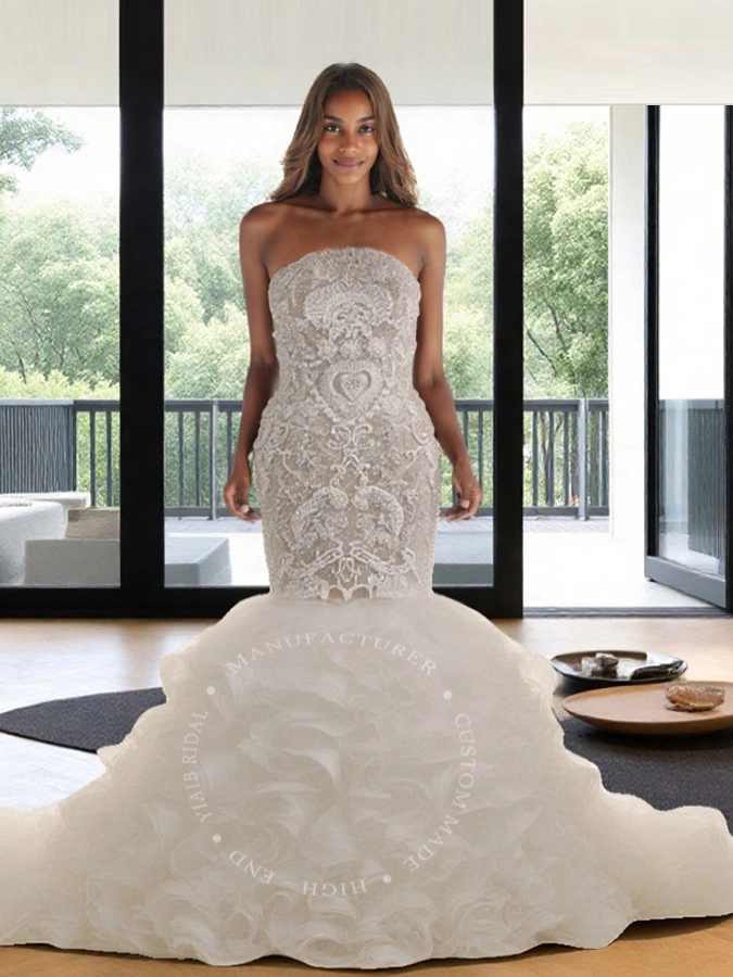 RSW2017 Gorgeous Bridal Beading Sweetheart Rhinestones Organza Ruffled Mermaid Wedding Gown With Circular Trail 1