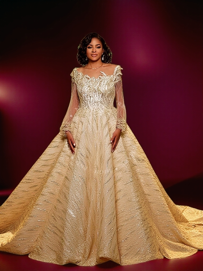 RSW2137 Abito da sposa per feste di fidanzamento con maniche lunghe, in pizzo 3D, con glitter dorati e strass floreali, personalizzazione 1