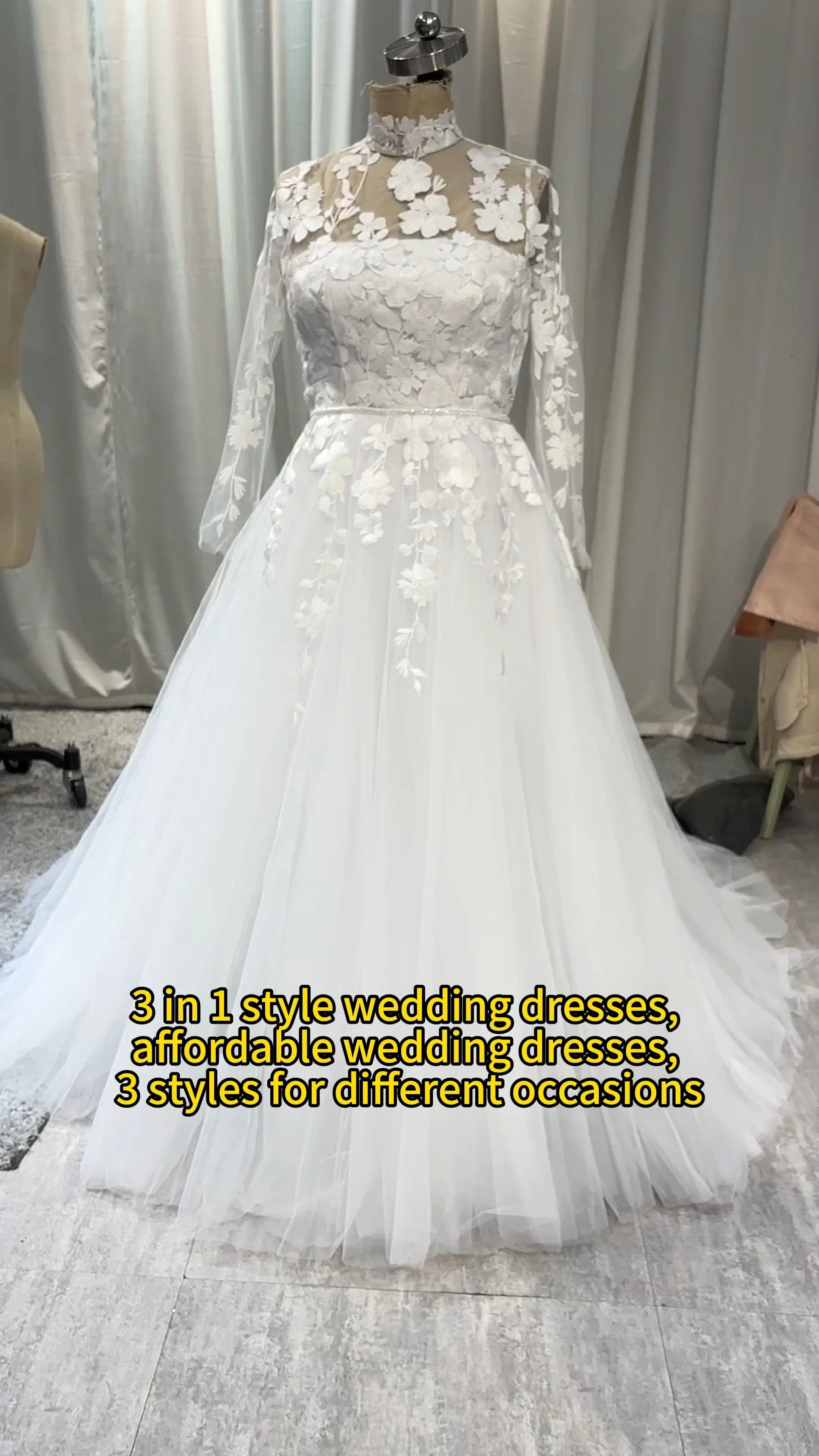 RSW2305 3 in 1 A Line Vintage&Noble Baroque White Lace Long Sleeve High Neckline Jacket Vestido de Novia 1