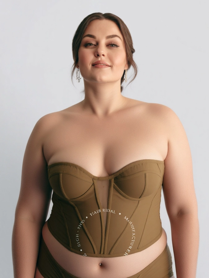 RST19 Plus Size Women's Lace up Boned Overbust Corset Tube Top Strapless Tan Corset 1