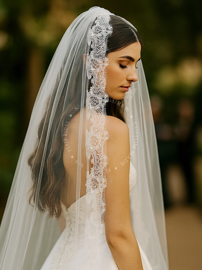 RSV133 Velo da sposa con bordo in pizzo, uno strato, 2 m di larghezza e 3 m di lunghezza, con pettine 1
