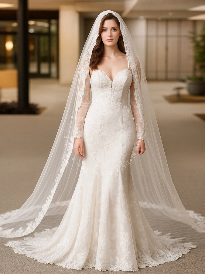 RSV141 3M Width 3M Length French Lace Edged One Layer Bridal Veil With Comb 1