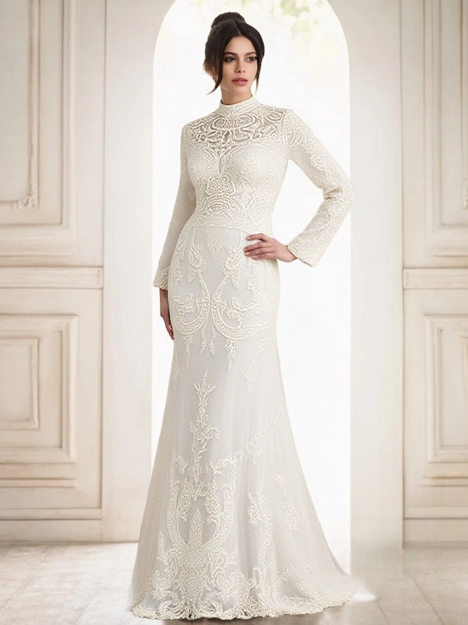RSW2360 Elegant High Neck Mermaid Wedding Dresses Full Lace Long Sleeves Bridal Dress Sweep Train Floor Length Boho Bride Gown 1