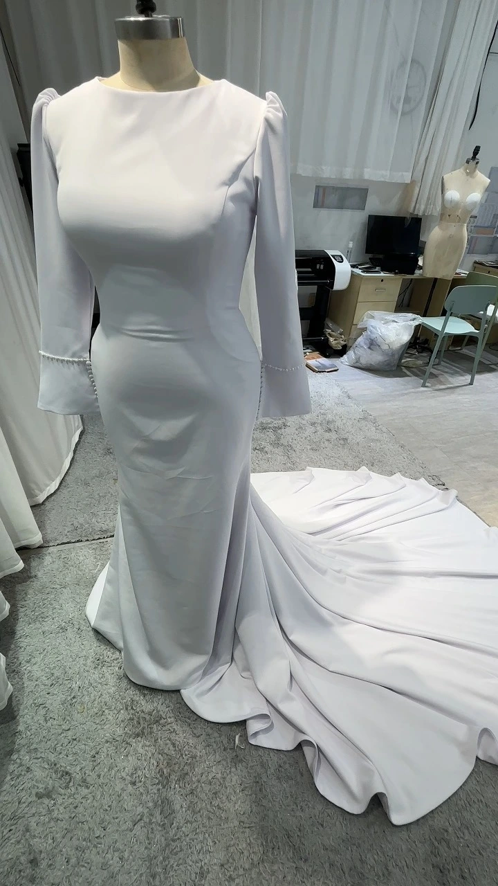 RSW2359 Sade Kadın Vintage Süpürge Tren Mütevazı Fildişi Fit &amp; Flare Krep Gelinlik Mütevazı 1