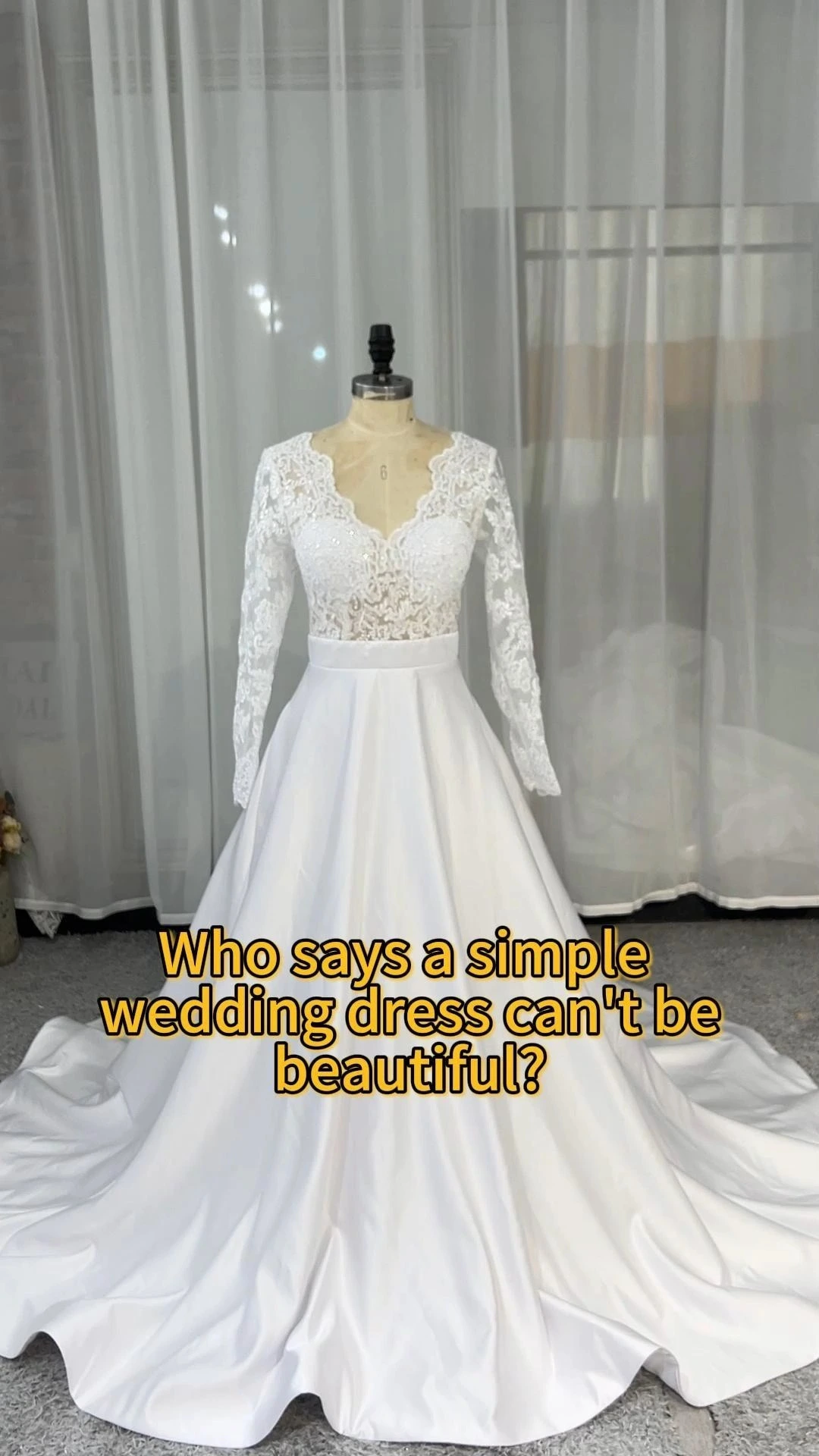 RSW2427 Cepli Ucuz Uzun Kollu A Kesim V Yaka Dantel Gelinlik 1