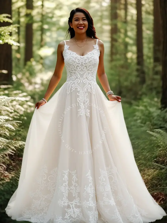 ドレスプロダクションAラインウェディングドレス 刺繍レース Vネック Aラインドレス（W170）