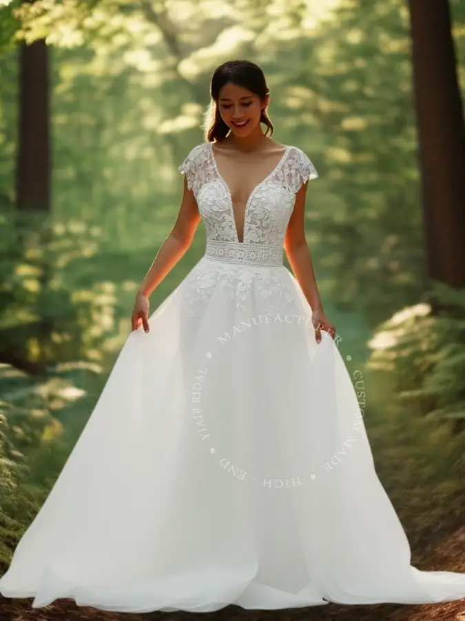 ドレスプロダクションAラインウェディングドレス フリル ハートカット サテン Aラインドレス（W322）