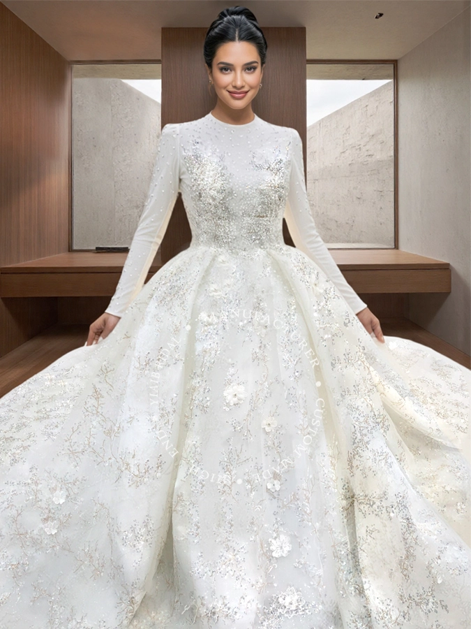 CSQ1 Afrabia Modest Луксозни мюсюлмански булчински рокли с дълги ръкави и 3D дантелени апликации Луксозни сватбени рокли 1