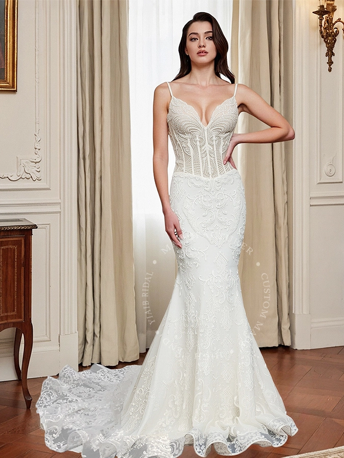 CSQ4 Şapel Kuyruklu Seksi ve Büyüleyici Sevgiliye Spagetti Askılı Denizkızı Gelinlik 1