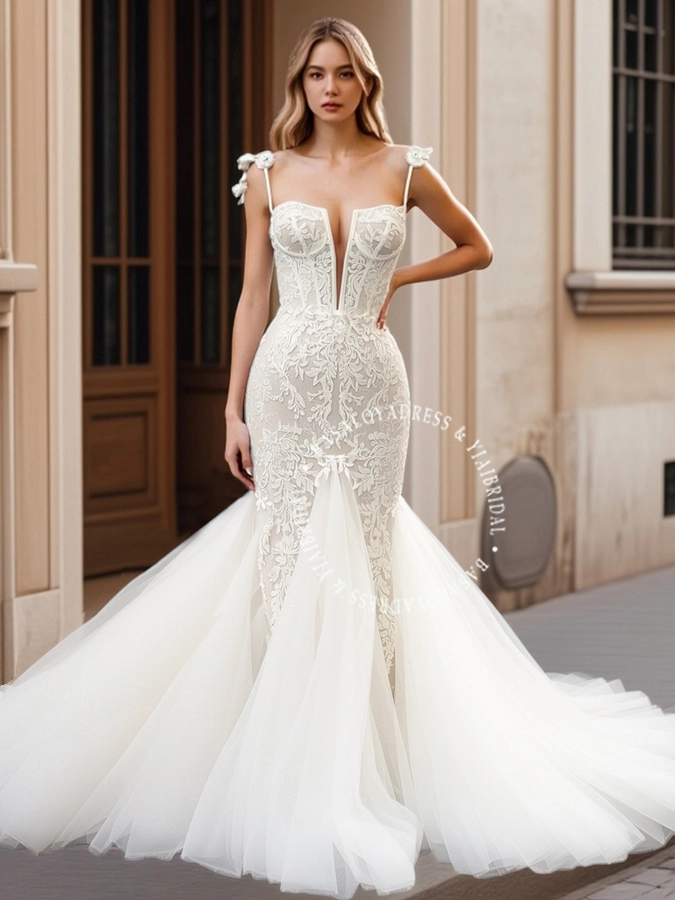 CSQ2 Derin Yakalı İnce Askılı Kemikli Korse Dantel Gelinlikler Deniz Kızı Balık Kuyruğu Gelinlik 1