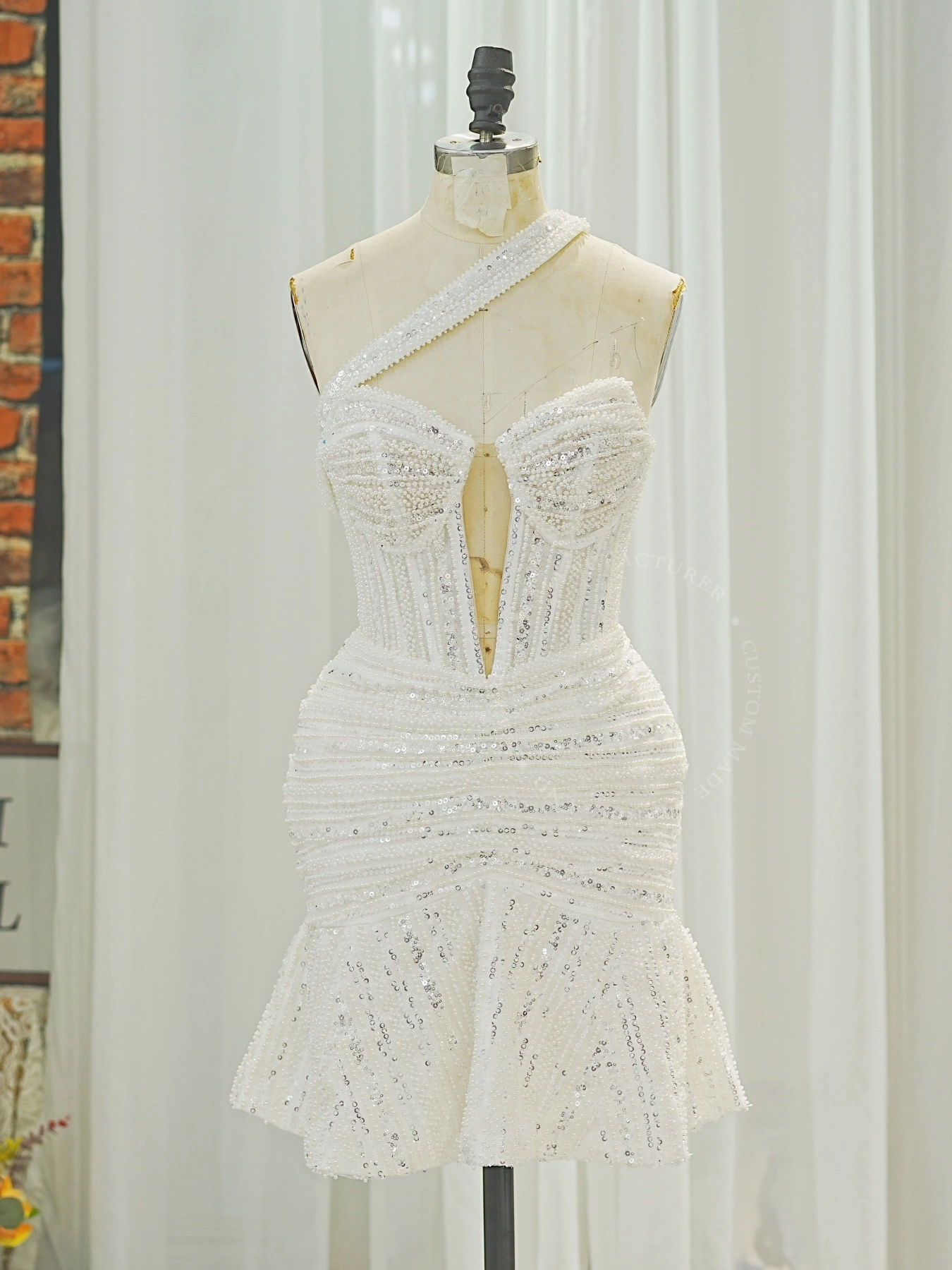 Платье RSW2401 с жемчужными пайетками, блестящие пайетки, одно плечо, бретельки, заниженная талия, сексуальное короткое коктейльное платье без рукавов 1