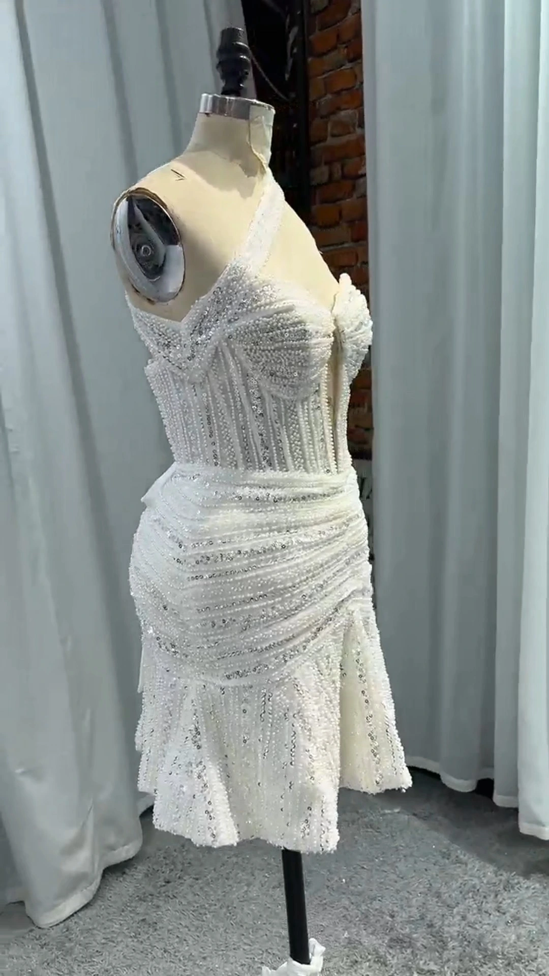 RSW2401 Pearl Sequins Gown Sparkly Sequin Beads One Shoulder Straps Drop Waist Sexy Short Cocktail Dress Sleeveless 1