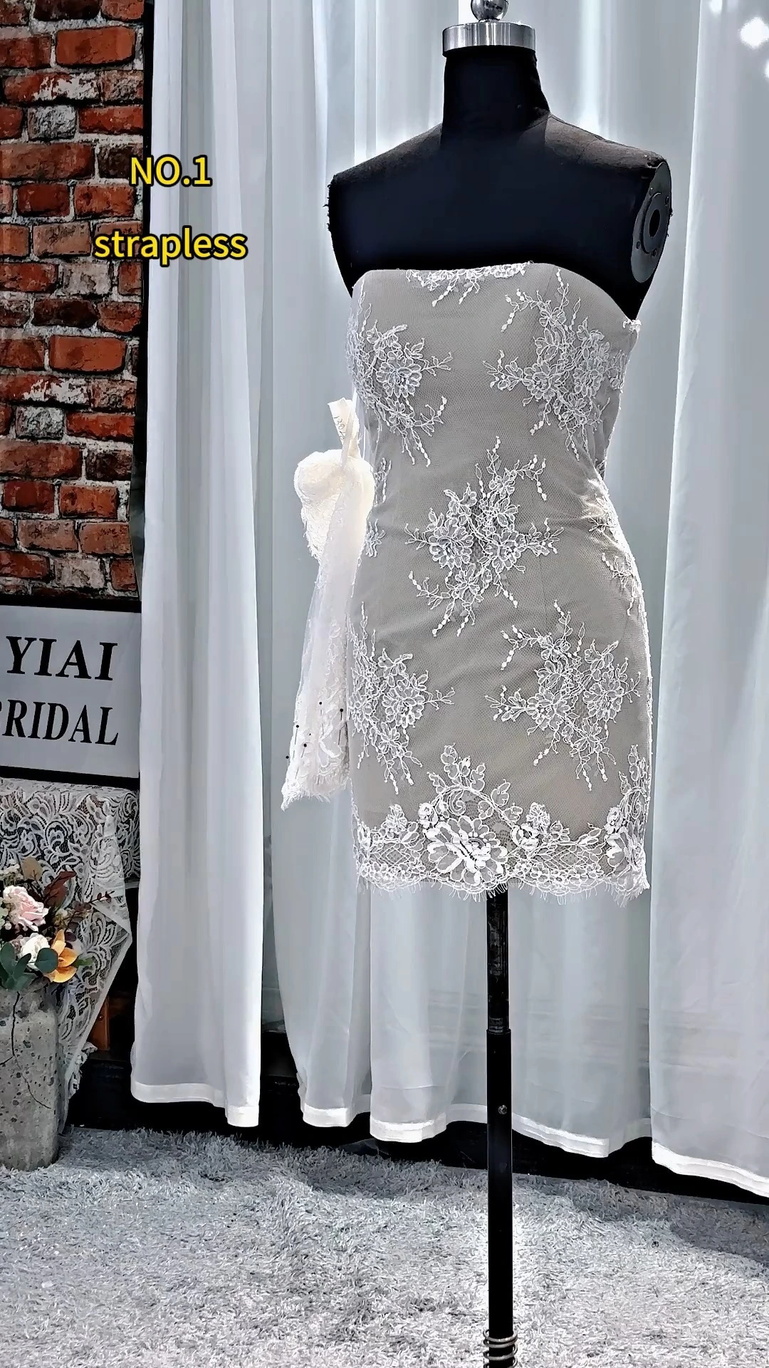 RSW2405 Къса рокля с дантела и бродерия в цвят слонова кост, сватбена рокля с наметало 1