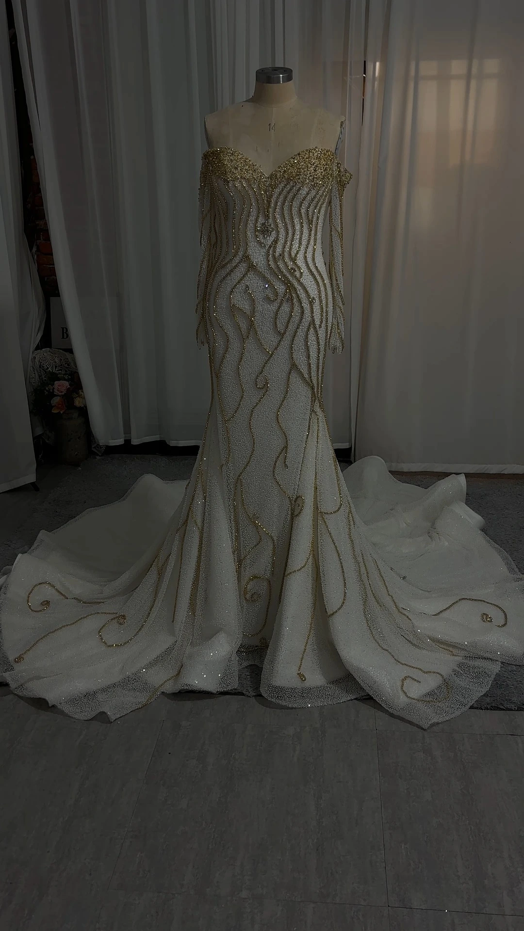 Wholesale Customized RSW2395 Luxury Gold Beaded Beautiful Off-the-Shoulder Long Sleeves Wedding Gown Prom Dress Mermaid Ivory Pearls In 2026 1