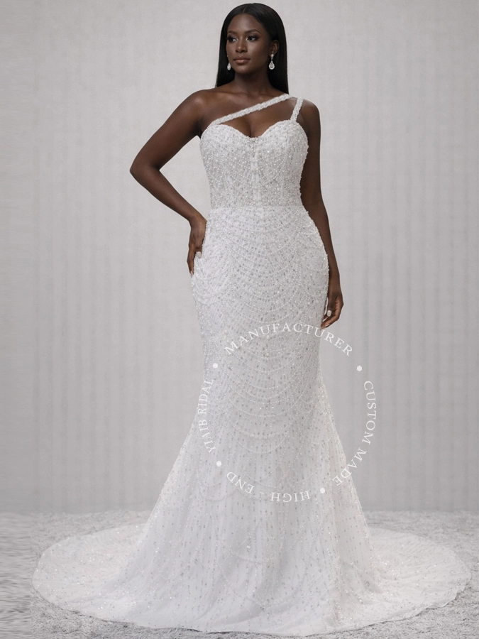 Dripping Pearl Wedding Dress on Black Girl Beaded Lace Mermaid White Wedding Dress RSW2439 With Straps Reception Bridal Gown 1