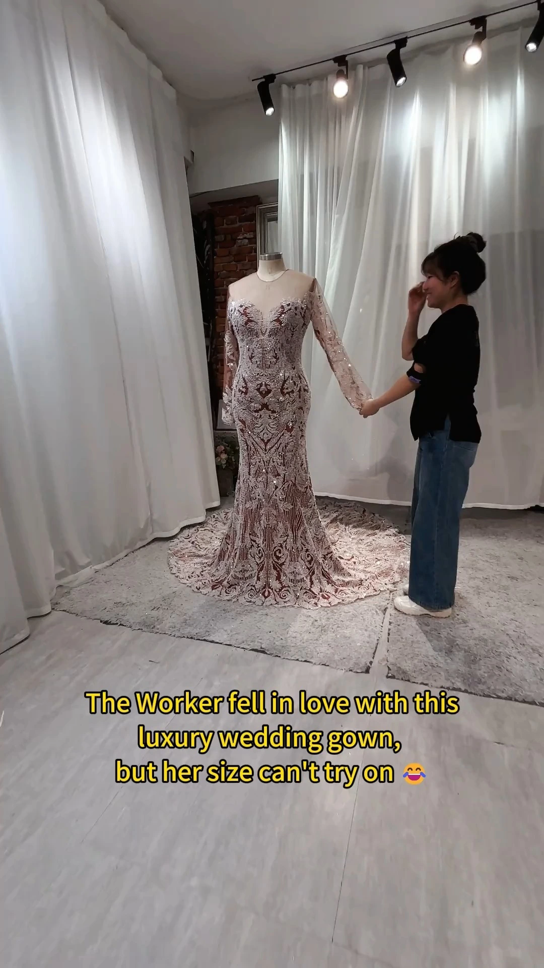 New Arrivals Elegant Shiny Luxury Beaded Lace Mermaid Style Bridal Dresses Off Shoulder Long Sleeves Wedding Gown Brown Lining RSW2435 With Detachable Train 1