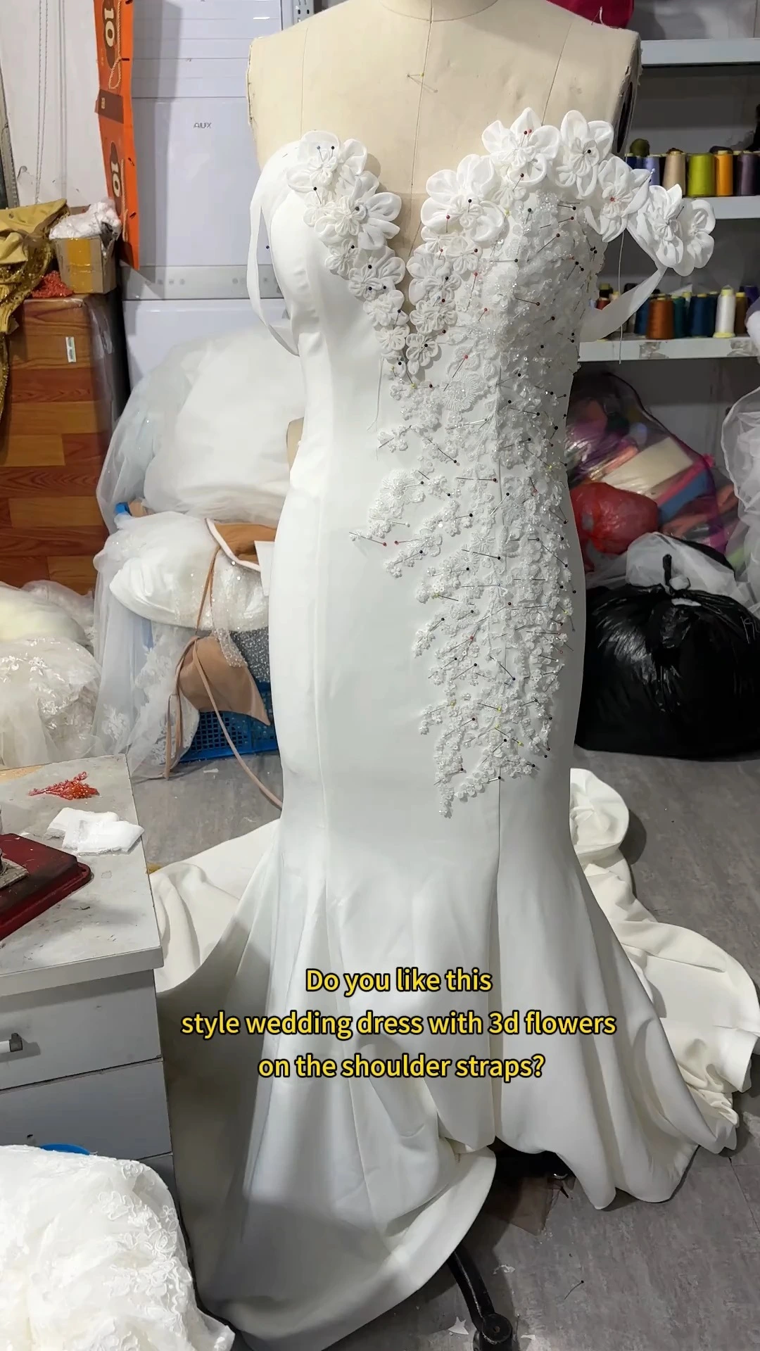 Elegant Crepe 3D Flowers RSW2431 Off The Shoulder Mermaid Appliques Wedding Dresses 1