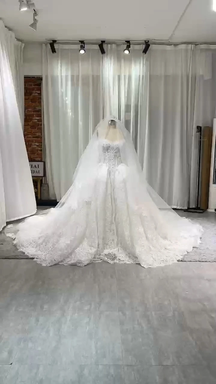 AMD2604 04-1 Olkapäät paljastava pitkähihainen, pitkälaahusinen vintage-tyylinen hovityylinen pitsihääpuku-1773378870626402 1