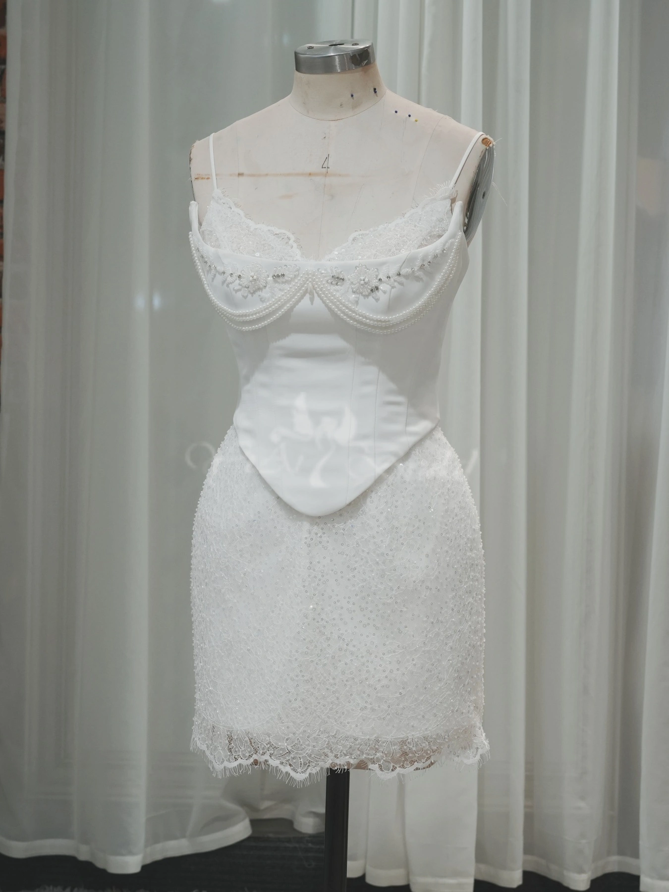 SD00106 Satin Corset Top and Mini Skirt Embroidered Bridal Dress Lace Short Wedding Dress 1